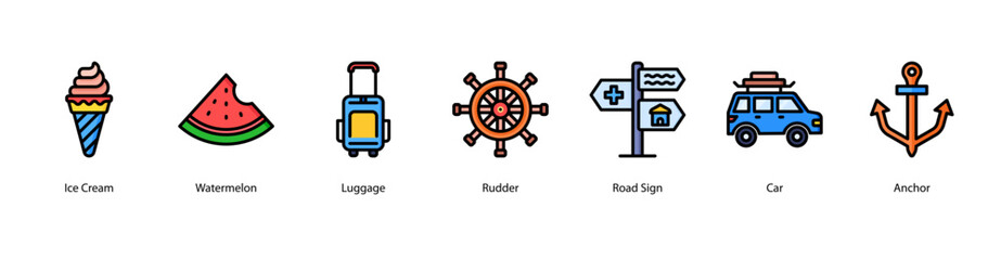 Obraz premium Seaside Journey web banner icon vector illustration featuring Ice Cream, Watermelon, Luggage, Rudder, Road Sign, Car, and Anchor for summer travel vibes.