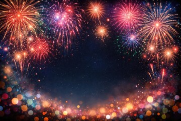 Fototapeta premium Colorful Fireworks Display Illuminating Night Sky with Blank Space for Text