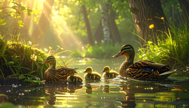 Ducks swimming in a sunlit forest pond