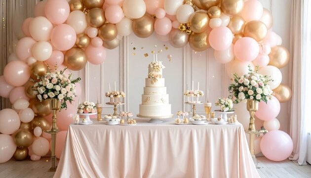 Elegant party table with balloons and cake
