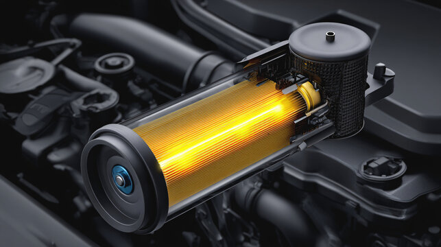 Automotive engine fuel filter element glowing in metallic engine compartment