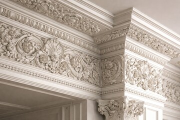 Obraz premium Intricate white crown molding with ornate floral carvings and classic architectural details