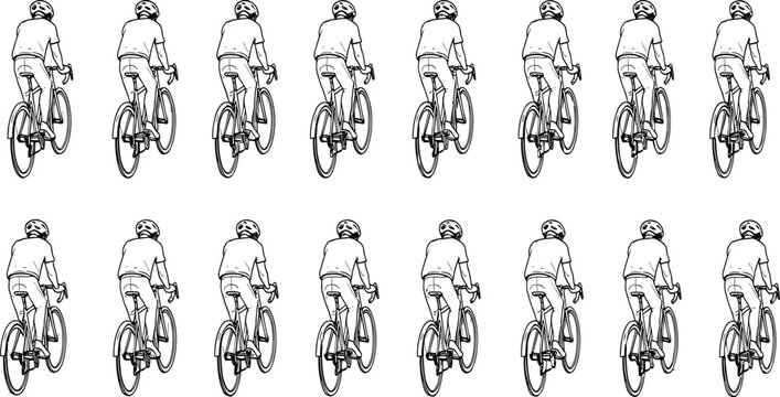 Back view collection of cyclist silhouettes riding bicycles, hand drawn sketch of people biking, outdoor sports icons, and fitness activity