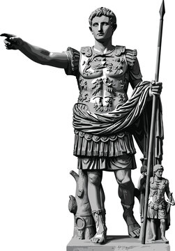 Augustus of Prima Porta Roman Emperor statue illustration, ancient Rome leader in military armor, monochrome vector art on black background.