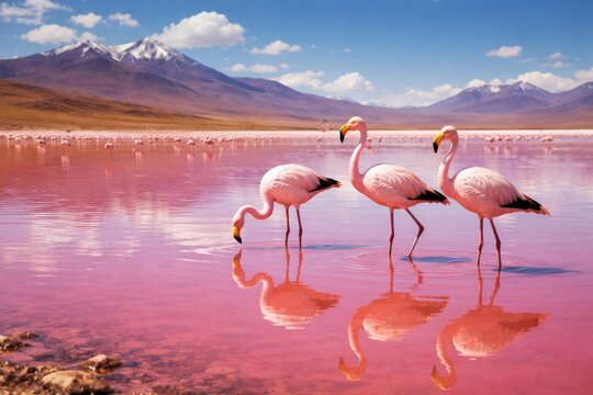 Graceful Andean flamingos standing in bright pink Laguna Colorada waters with clear reflections on a peaceful summer day