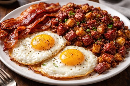 Fried Eggs with Crispy Bacon and Corned Beef Hash on Plate