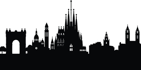 Fototapeta premium Barcelona city skyline silhouette vector illustration featuring Sagrada Familia and Arc de Triomf landmarks for Spain travel and European tourism