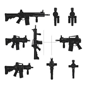M4 Carbine Assault Rifle with Vertical Foregrip Silhouette Vectors