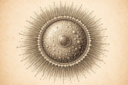 Vintage line drawing of a sea urchin ovum with radial cell membrane striations and detailed protoplasm