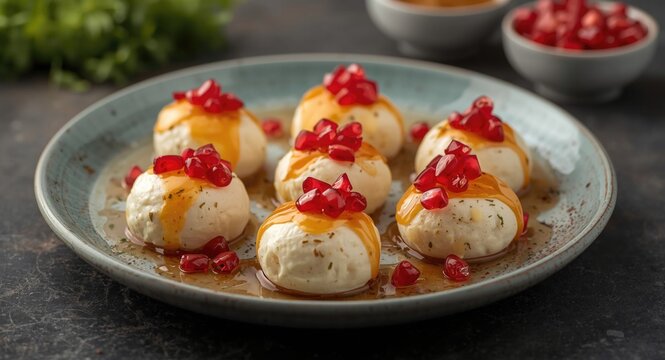 Tasty dahi bhalla appetizer topped with sweet and sour tamarind sauce and bright pomegranate seeds