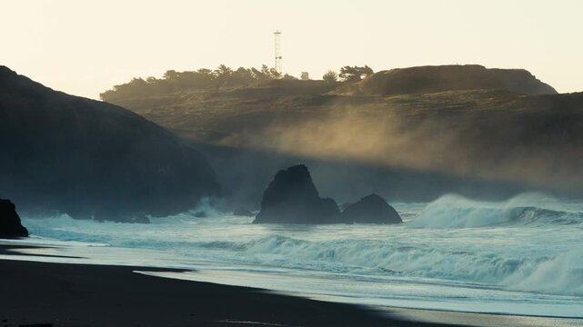 Misty Beach at Sunrise in Slow Motion
