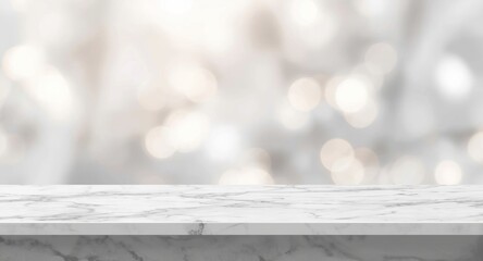 Fototapeta premium Sleek white marble shelf against a soft blurred bokeh backdrop for product mockup