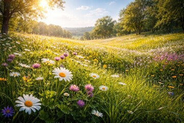 Fototapeta premium Blooming Meadow Filled with Wildflowers Under Golden Sunrise