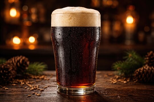 Festive dark ale in a classic pint glass with creamy head and cold droplets on a moody backdrop