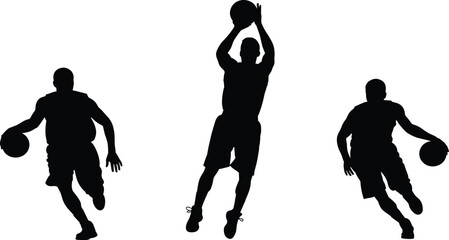 Basketball player silhouettes set, athletes dribbling and shooting ball, professional sports action, jump shot, game competition, training exercise, vector isolated. © Mdjoshel 