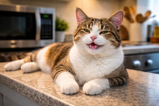 Happy American Wirehair cat resting comfortably on a kitchen countertop near microwaves