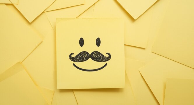 Yellow sticky note featuring cheerful mustache smiley among pile of upset notes copy space