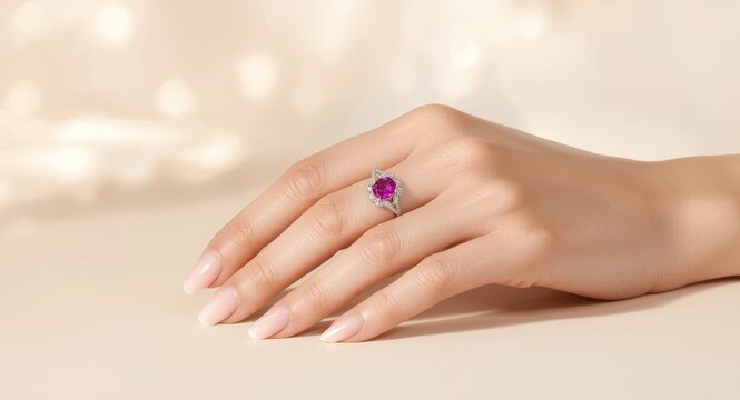 Stylish diamond ring highlighting a vivid pink stone on a soft background suitable for text