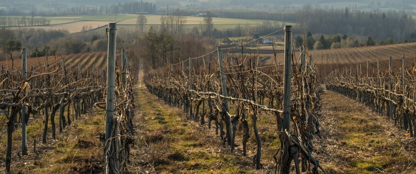 Winter vineyard walk with sparkling wine sampling and views of bare grapevines and green fields