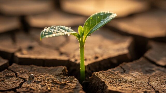 Vibrant green seedling covered in dew droplets growing from cracked dry soil in nature