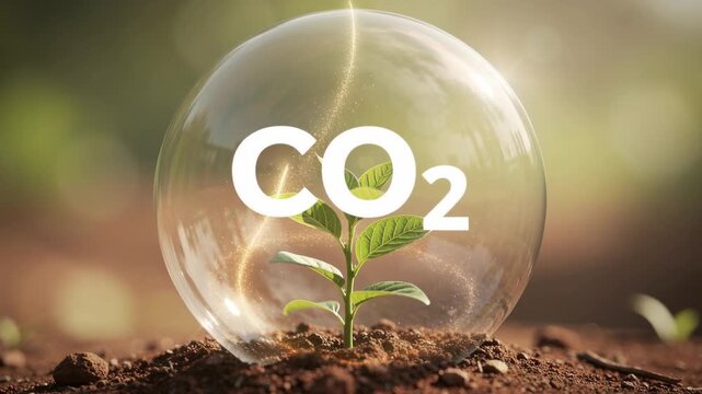 Small green plant protected by transparent bubble absorbing carbon dioxide from air in nature environment