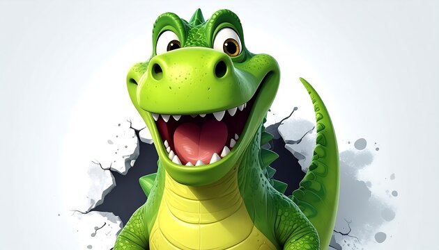 A cartoon dinosaur with a big smile peeking through a torn white background