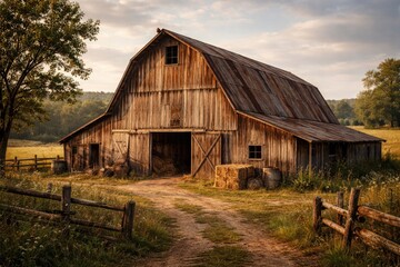 Fototapeta premium rustic wooden barn with weathered exterior in rural setting