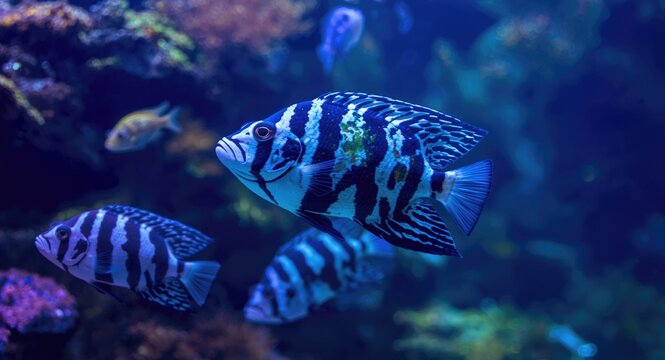 Vivid Zebrasoma scopas swimming in an aquarium enriched with bright blue and green colors