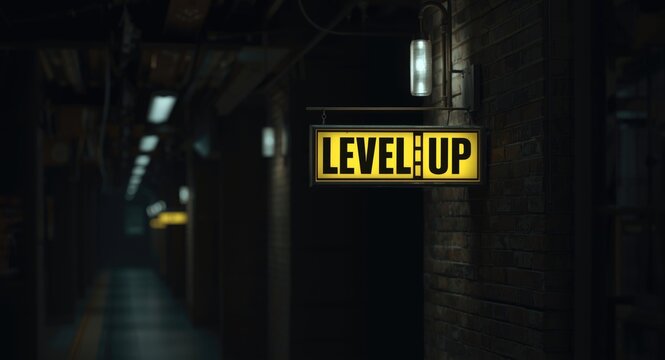 Dim hallway with metal framed bright yellow Level Up signboard hanging