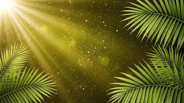 Dynamic sun rays illuminate lush green palm fronds against a shimmering, dark tropical backdrop, evoking peace and natural beauty