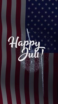 Happy 4th of july text animation celebration with american flag, fireworks, and festive text. Perfect for independence day promotions and designs.