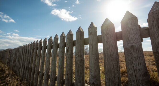 Traditional pointed log stockade fence made of textured old timber beneath bright expansive sky
