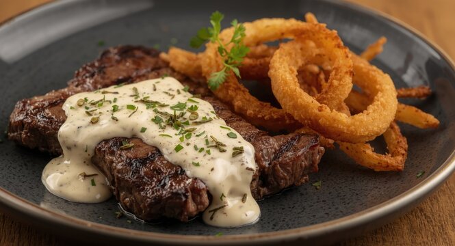 Grilled steak served with creamy peppercorn sauce and crispy onion rings