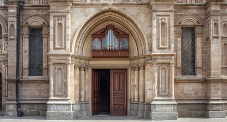Obraz premium Renowned church doorway with classic pipe organ and copy space