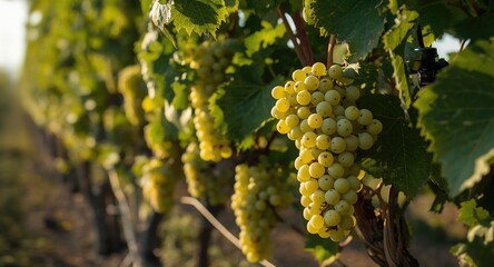 Fototapeta premium White grapes hanging from vine captured with copy space and late day light