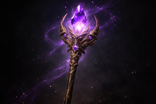 Fantasy weapon featuring a luminous purple gem on a golden magic staff against a dark background