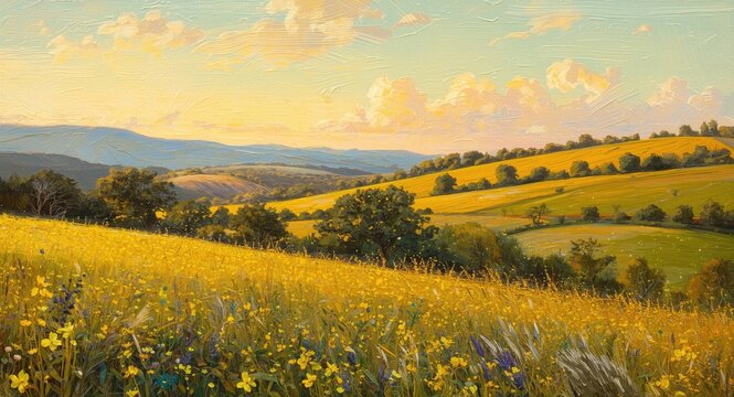 Vivid oil painting showcasing a bright yellow landscape with detailed lively scenery