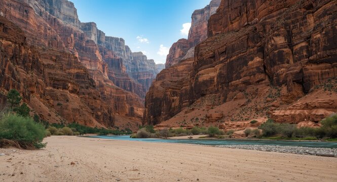 Rugged canyon with river and dry sandy riverbed including copy space