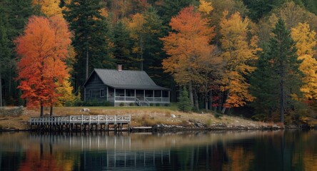 Obraz premium Wooden lakefront house and old pier set amid vibrant forest foliage