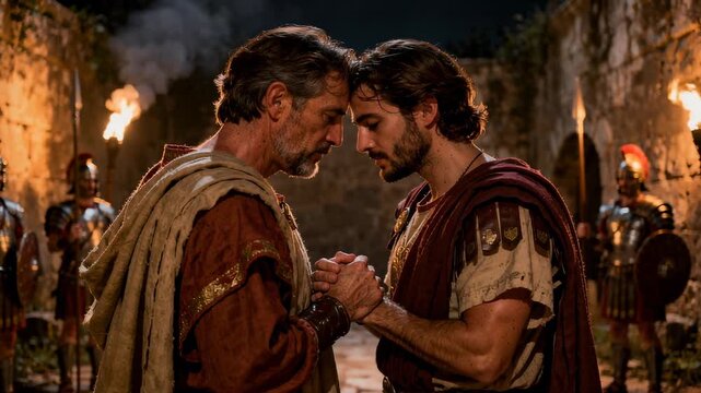 Two Roman warriors sharing a solemn moment of unity and strength in ancient battle gear