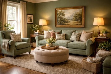 Fototapeta premium cozy living room with green walls and coordinating upholstered furniture