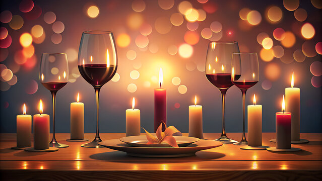 Romantic candlelit dinner setting with red wine glasses and golden bokeh background