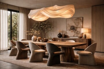 Fototapeta premium Dining room interior featuring a large table with uniquely designed chairs and a prominent overhead lamp mockup