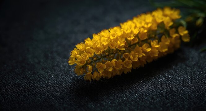 Macro focus on Sonchus Asper plant with luminous yellow blooms contrasted by a soft black textured surface highlighting detail
