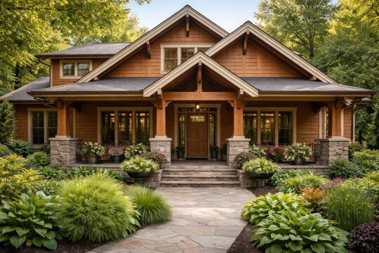 Spacious craftsman style house exterior with cedar siding and stone porch surrounded by lush green planters