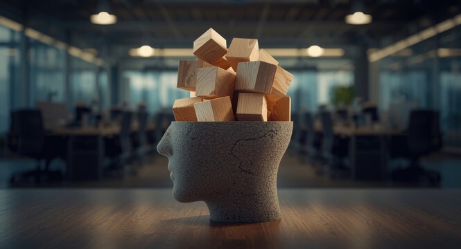 Wooden cubes showing ethical principles and integrity inside the human head highlighting business culture and successful company ethos