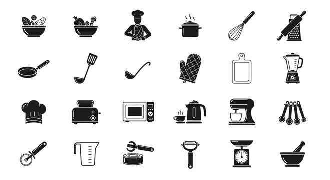 Black kitchen utensil and appliance icons.