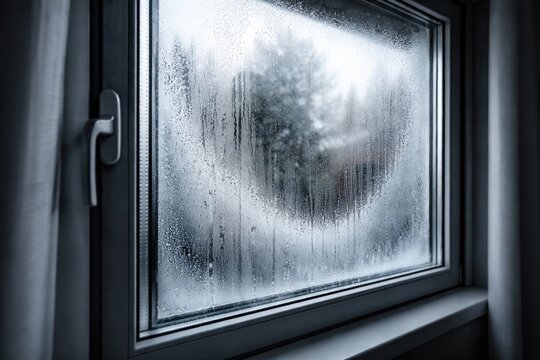 Double glazed window fogging caused by broken seal or internal moisture during cold weather