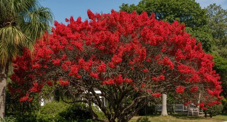 Fototapeta premium Tropical almond tree adorned with bright red leaves during summer season