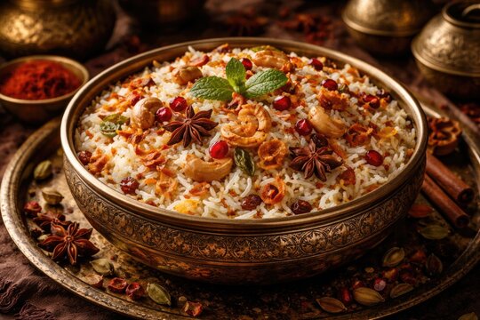 Traditional Kashmiri pulao featuring aromatic basmati rice and saffron spice blend